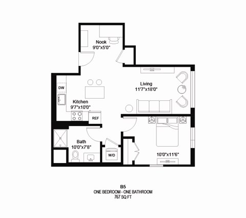 Floor plan for 1 bed, 1 bath, 767 sqft